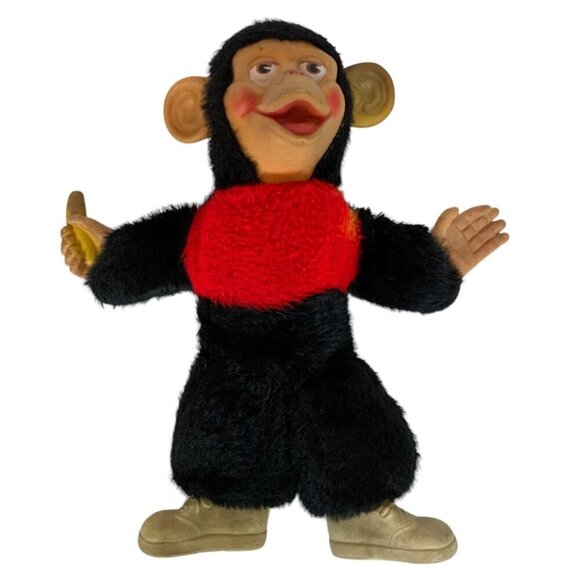 Vintage Rubber Face Monkey Plush Doll With Banana Red Top Sneakers 14 inch - Picture 2 of 8